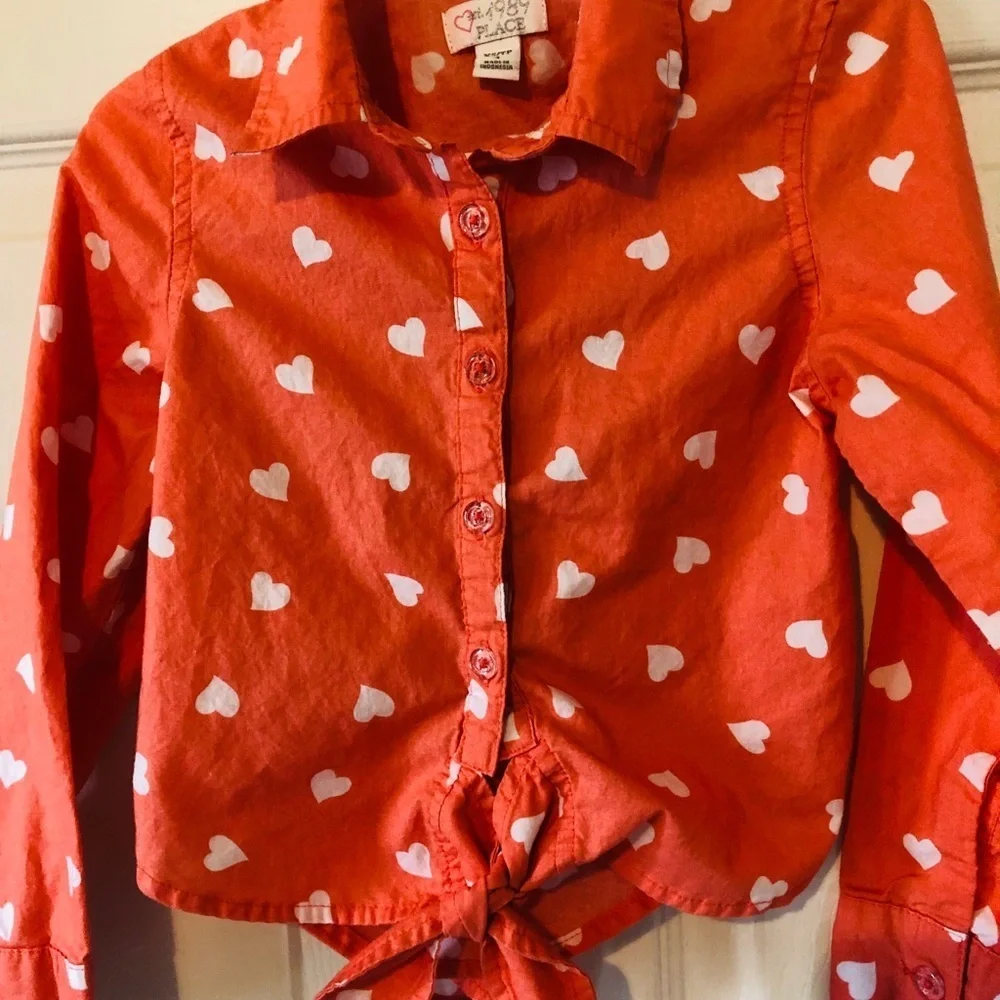 THE CHILDREN PLACE orange heart print tie front collar long sleeve shirt size 4